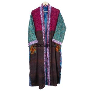 Bata Bohemia de Seda 100% Hecha a Mano para Mujer, Estilo Patchwork, Cuello en V, Cordón Ajustable, Manga Larga, Transpirable, Suave al Frente - Product Image 1
