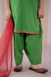 Ensemble 3 pièces décontracté pour femme, sans manches, en soie et coton, uni, avec kameez et shalwar plissé à bordure, idéal pour les fêtes et mariages, à prix raisonnable - Product Image 6