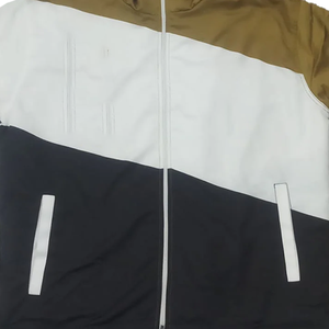 Coupe-vent unisexe à capuche avec fermeture éclair intégrale, panneaux color block géométriques blanc, noir, or, grande taille, imperméable, style urbain et extérieur - Product Image 4