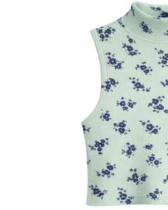 Top Corto sin Mangas con Cuello Alto y Estampado Floral Azul sobre Verde Menta, Ajustado, Elástico, Informal, de Verano, para Mujer - Product Image 2