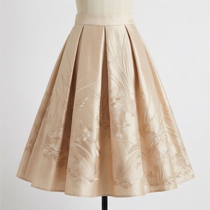 Elegant Women A-Line <b>Satin</b> <b>Skirt</b> With Floral Embroidery Knee-Length <b>Pleated</b> Design Regular Waistline All Seasons Wear - Product Image 1