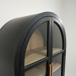 Vitrine d'exposition design arqué en bois d'hévéa, MDF et placage de chêne, écologique, 4 compartiments, portes à battants, mobilier de salon - Product Image 6