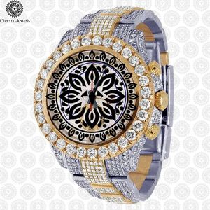 Charm_Jewells Luxury Gold Case Diamond Encrusted <b>Chronograph</b> Watch Analog Mechanical Movement Round Unisex Stainless Steel Band - Product Image 1