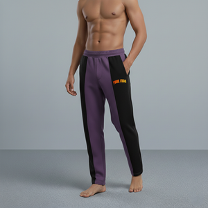Pantalon de jogging décontracté pour homme, violet et noir, à blocs de couleur, taille élastique, coupe droite, avec bande latérale et logo sur la jambe droite - Product Image 4
