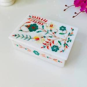 Luxury <b>White</b> Marble Storage <b>Box</b> with Exquisite Multicolor Inlay Artwork Wholesale Available Here - Product Image 1