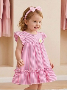 Robe en coton pour filles, légère et confortable, à porter au quotidien, avec manches bouffantes, pour l'été, mode décontractée, robe en coton personnalisée pour enfants, douce - Product Image 3