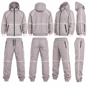 Conjunto de Chaqueta y Pantalón Deportivo para Hombre, Gris, de Forro Polar, Cortavientos, de Alta Visibilidad, con Ribete Rosa, Informal, para Invierno - Product Image 4