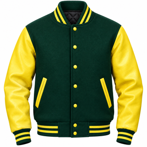 Blouson universitaire décontracté pour homme en laine chaude avec manches en cuir, boutons recouverts, doublure matelassée, coupe-vent, brodé, tissé, respirant pour l'automne - Product Image 4