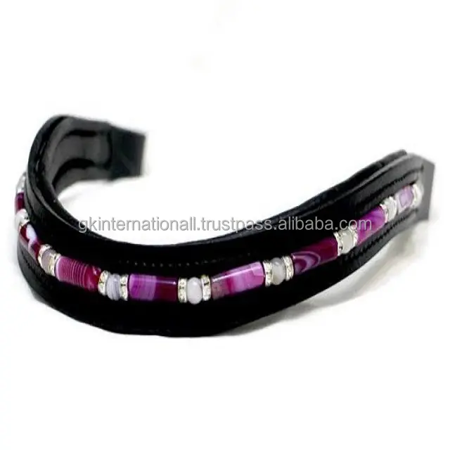 Equine Bling multicolor Pearl and crystal decorative chain black padded leather horse brow band in curved shaped all custom size