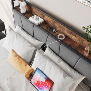 Letto Matrimoniale Solido e Stabile con Testiera Contenitore, Stazione di Ricarica, Facile Montaggio, Senza Box Spring, Imbottito, Silenzioso - Product Image 3