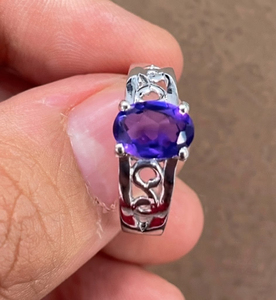 Rhaya Jewels Vintage Elegant Engagement Rhodium Plated 925 Sterling Silver Oval Cut Amethyst Prong Setting Dainty Band <b>Ring</b> - Product Image 1