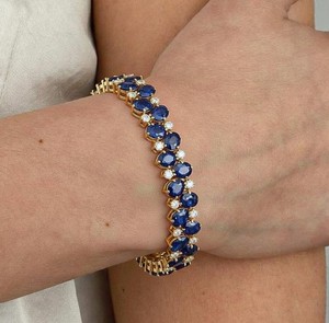 Oval Cut Lab Grown Blue Sapphire Stone <b>Gold</b> Plated Sterling Silver Luxury Charm Bracelet Elegant Gemstone Jewelry Gift for Women - Product Image 1