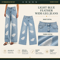 Jean large pour femme à imprimé plumes bleu clair, pantalon en denim taille haute |   Vente en gros sous marque privée