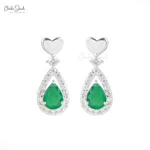 Rhodium Plated 925 Sterling Silver Natural <b>Emerald</b> & Cubic Zircon Dangling <b>Earrings</b> 1.45 CTW Gemstone Halo Danglers Asian Seller - Product Image 1