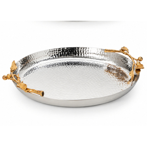 Plateau de service rond de luxe en acier inoxydable martelé avec poignées en forme de branche florale dorée, plateau décoratif en métal pour ottoman et fruits, vente en gros - Product Image 1