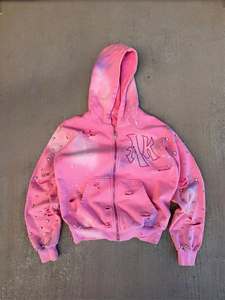 เสื้อฮู้ดซิปแบบวินเทจสีม่วงประดับคริสตัล แต่งลายขาดๆ แบบโอเวอร์ไซส์ สไตล์สตรีทแวร์ ผ้าคอตตอนเนื้อหนัก ซิปยาวเต็มตัว - Product Image 2