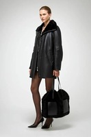Manteau en peau de mouton noir pour femme, veste en cuir véritable, manteau d'hiver chaud doublé de fourrure