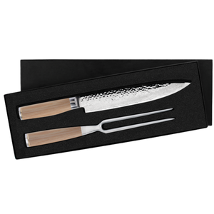 Juego de 2 piezas de cuchillo y tenedor para trinchar, hoja de acero de Damasco martillada con mangos de madera Pakkawood rubia para cortar pavo asado, jamón y carne - Product Image 1