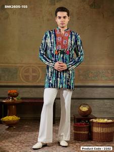 Latest Collection Rayon with Kutchhi Style Embroidery-<b>Mirror</b> work & Printed & V-Neck Man's Kurta-Pant Supplier from India - Product Image 2