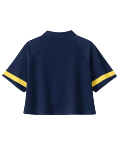 เสื้อโปโลครอปสีน้ำเงินกรมท่าและเหลืองสำหรับผู้หญิง แขนเสื้อแบบแร็กแลน ผ้าฝ้ายลำลอง ติดกระดุมหน้า สไตล์สตรีทแวร์สำหรับฤดูร้อน - Product Image 5