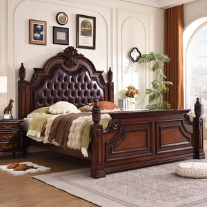 Rich espresso wood frame with pineapple-topped posts and a dark leather tufted <b>headboard</b> <b>panel</b>, available at wholesale prices - Product Image 1