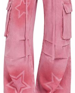 Customized Pink Star Print Wide Leg Cargo Pants Women High Waist Streetwear Denim Trousers With Side Pockets Fashion Casual Wear - Product Image 5