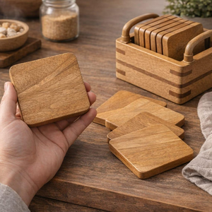 Solid Wood <b>Coaster</b> <b>Set</b> <b>with</b> <b>Holder</b> Rustic Modern Drink <b>Coasters</b> for Coffee Cups Mugs Glasses Dining Table Kitchen and Home Decor - Product Image 6