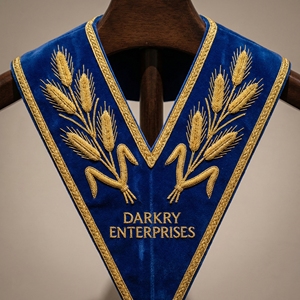 Custom Hand Gold Bullion Embroidery Royal Blue Velvet Stand Collar Wide <b>Wheat</b> Leaf Motif Bespoke Manufacturing Service - Product Image 1