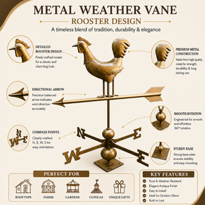 กังหันลมโลหะลายไก่แจ้ |   ตัวบ่งชี้ทิศทางลมสำหรับตกแต่งภายนอกอาคารพร้อมเข็มทิศ |   ทนทานต่อสภาพอากาศ - Product Image 2