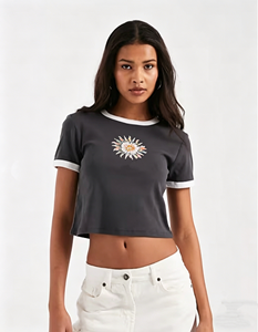 Women’s Y2K Raglan Crop T Shirt Custom Flower Embroidery Slim Fit Ringer Short Sleeve Streetwear <b>Top</b> - Product Image 2