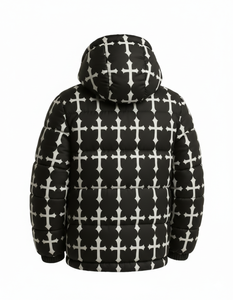 Blouson matelassé à capuche noir imprimé croix pour homme – Manteau d'hiver chaud style streetwear – Vêtement d'extérieur personnalisé en gros - Product Image 4