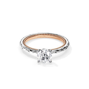 Bague de fiançailles pour femme avec diamant rond, sertissage à griffes, style classique, or rose 10 carats, alliance en or blanc 10 carats, motif géométrique - Product Image 2