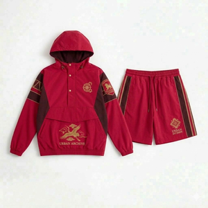 Conjunto Deportivo Urbano con Capucha Roja, Sudadera Bordada de Manga Larga y Pantalones Cortos para Hombre, Ropa Casual de Primavera - Product Image 1