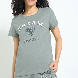 Womens Cotton Graphic T Shirt Leopard <b>Heart</b> Print Sage Green Crew Neck Short Sleeve Pajama <b>Top</b> Apparel Manufacturer - Product Image 1