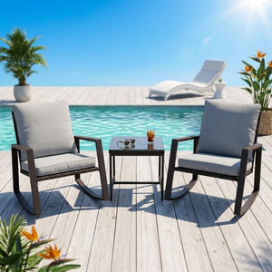 Ensemble de deux fauteuils et table avec plateau en verre, coussins amovibles et lavables, design avec accoudoirs larges, pour jardin, véranda, terrasse - Product Image 1