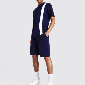 Men's <b>Navy</b> Blue Color Crew Neck T-Shirt and Shorts Set Summer Casual Knitted Cotton Two-Piece Outfit - Product Image 1