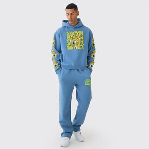 Ensemble de survêtement décontracté pour homme en coton/polyester bleu uni léger avec sweat à capuche et pantalon de jogging - Product Image 1