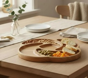 Round Wooden Divided Serving Platter Sectional <b>Snack</b> <b>Tray</b> with Dipping Sauce Holder For Party Fruit Nut Candy Dish Wholesale - Product Image 3