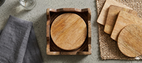 Ensemble de sous-verres artisanaux en bois avec boîte et plateau pour thé, café et boissons froides