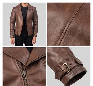 Blouson moto en cuir marron pour homme, col rabattu, fermeture éclair, coupe ajustée, vêtement d'extérieur pour l'automne - Product Image 4