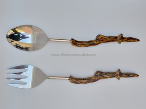 Juego de Cuchara y Tenedor de Acero Inoxidable Plateado, Acabado Espejo, Mango Largo, Diseño Moderno, Ecológico, Vajilla para Fiestas - Product Image 3