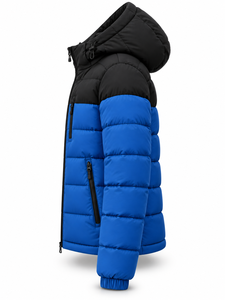 Veste matelassée à capuche pour homme, color-block noir et bleu, rembourrage en polyester, imperméable, séchage rapide, coupe-vent, fermeture éclair, hiver - Product Image 4