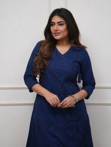 Women's Blue Cotton <b>Chikankari</b> Embroidery A-Line Kurti with Pant Regular Fit Knee Length Casual Wear <b>Suit</b> Set - Product Image 1