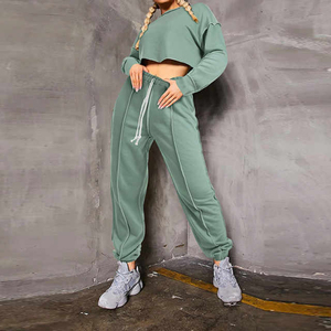 Women's 2-Piece <b>Knitted</b> Fleece Tracksuit <b>Set</b> O-Neck Crop Top Drawstring Pants Solid Color Casual Regular Mesh Winter 100% Cotton - Product Image 4