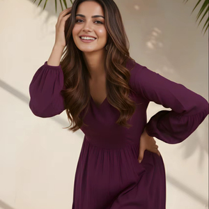 Elegante Vestido Morado de Seda con Corte Delta, Cuello en V, Manga Abullonada Completa, Largo Regular, Totalmente Cosido, Color Sólido, Estilo Occidental para Fiestas - Product Image 1