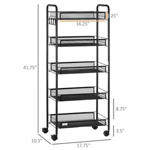 Carrello portaoggetti in metallo a 5 ripiani con ruote, per cucina, soggiorno, lavanderia e garage, con cestini a rete rimovibili - Product Image 3