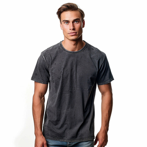 T-shirt en coton noir surdimensionné pour homme, manches courtes, col rond, décontracté, uni, jersey lavé, coupe ajustée - Product Image 4