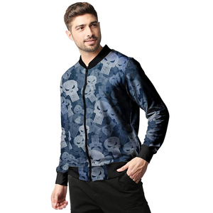 Men's Skull Print Bomber <b>Jacket</b> Casual Zipper Front <b>Fleece</b> <b>Lined</b> Autumn Wear Regular Fit Turn-down Collar Polyester Material - Product Image 2