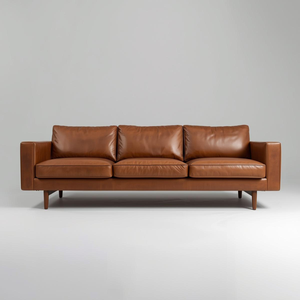 Sofá de Cuero Marrón Coñac de Lujo Estilo Mediados de Siglo con Patas de Madera, Sofá Moderno de 3 Plazas para Sala de Estar, Muebles Tapizados de Primera Calidad - Product Image 1