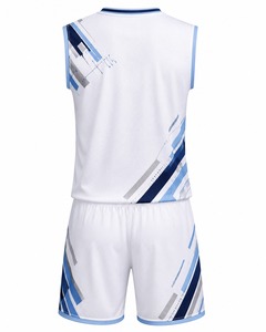 Ensemble de maillot de basket-ball personnalisé pour hommes, blanc et bleu, uni, avec nom d'équipe, sans manches, col en V, respirant, en mesh, uniforme athlétique - Product Image 6